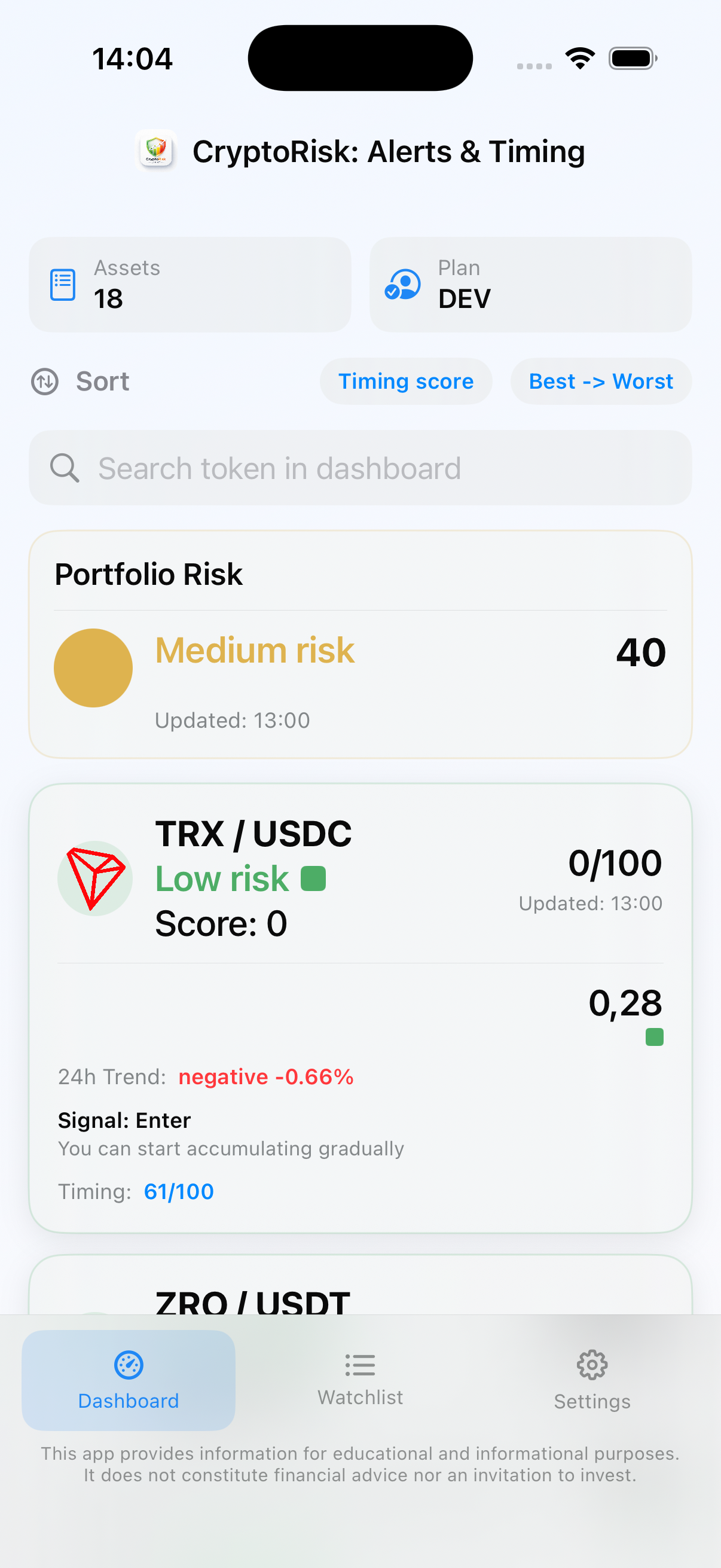 CryptoRiskLight dashboard on iPhone