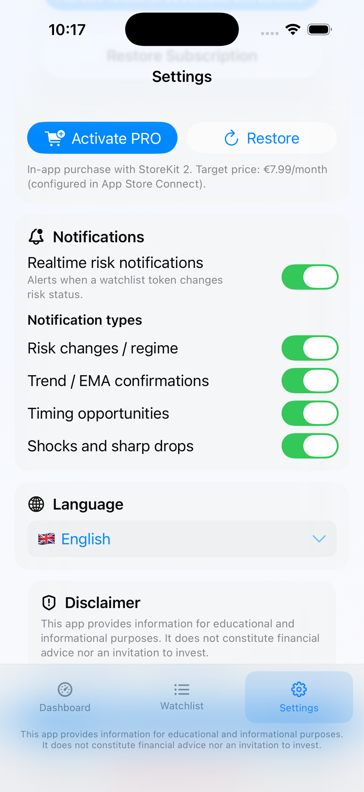 CryptoRiskLight settings and notifications