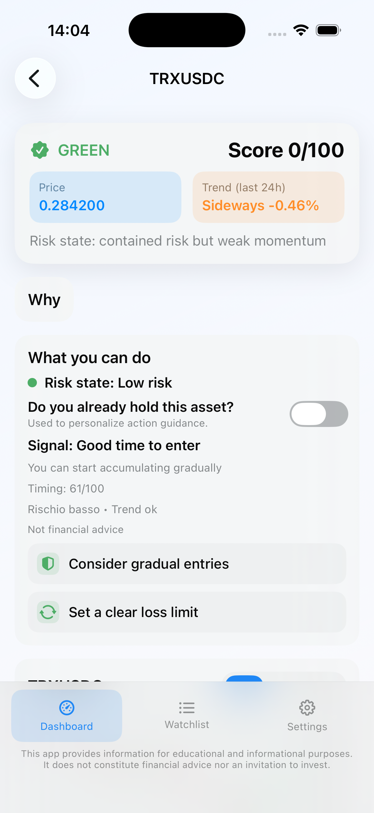 CryptoRiskLight token detail on iPhone