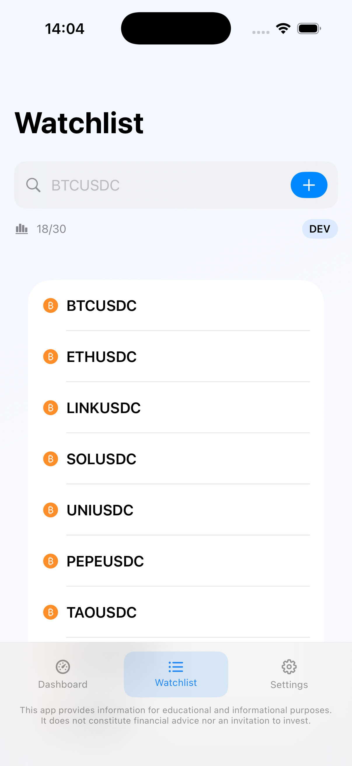 CryptoRiskLight watchlist on iPhone